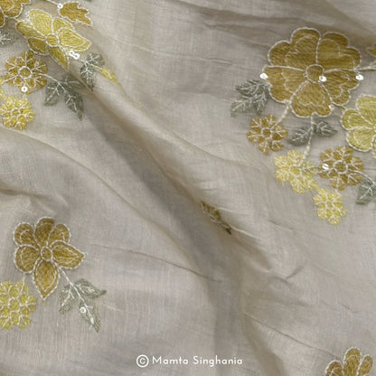 Yellow Floral Embroidered Tissue Fabric