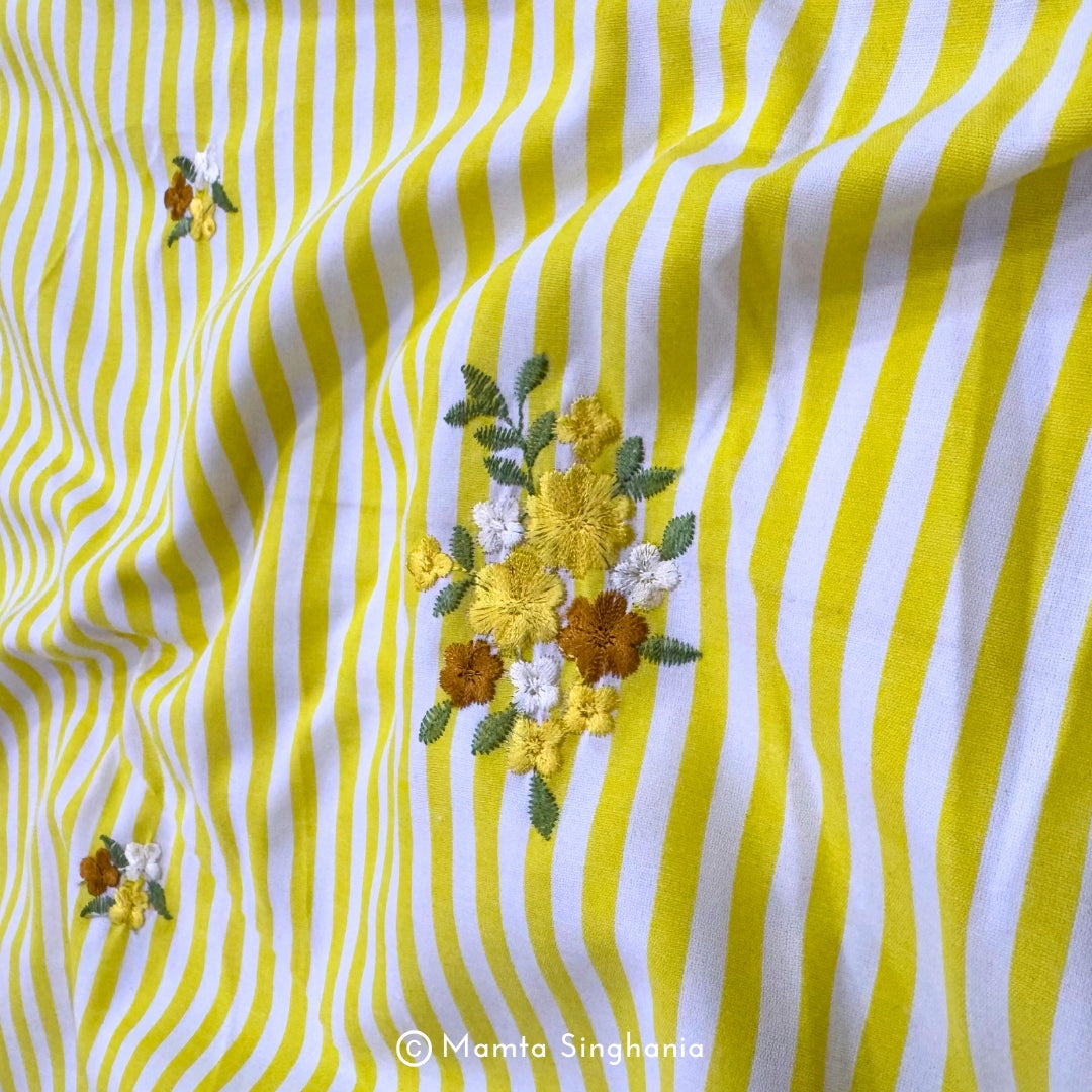 Yellow Floral Embroidered Mul Cotton Fabric 56"