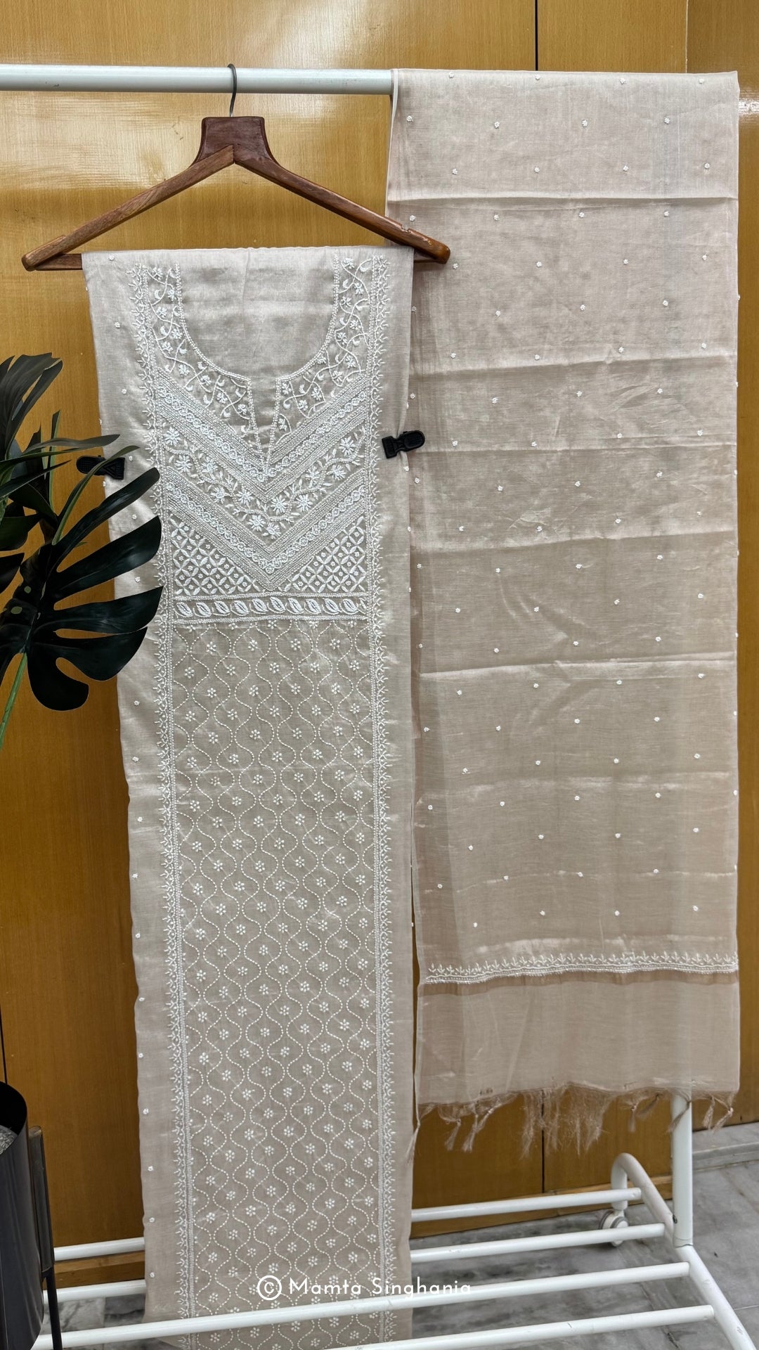Beige Tissue Unstitched Chikankari Suit Set