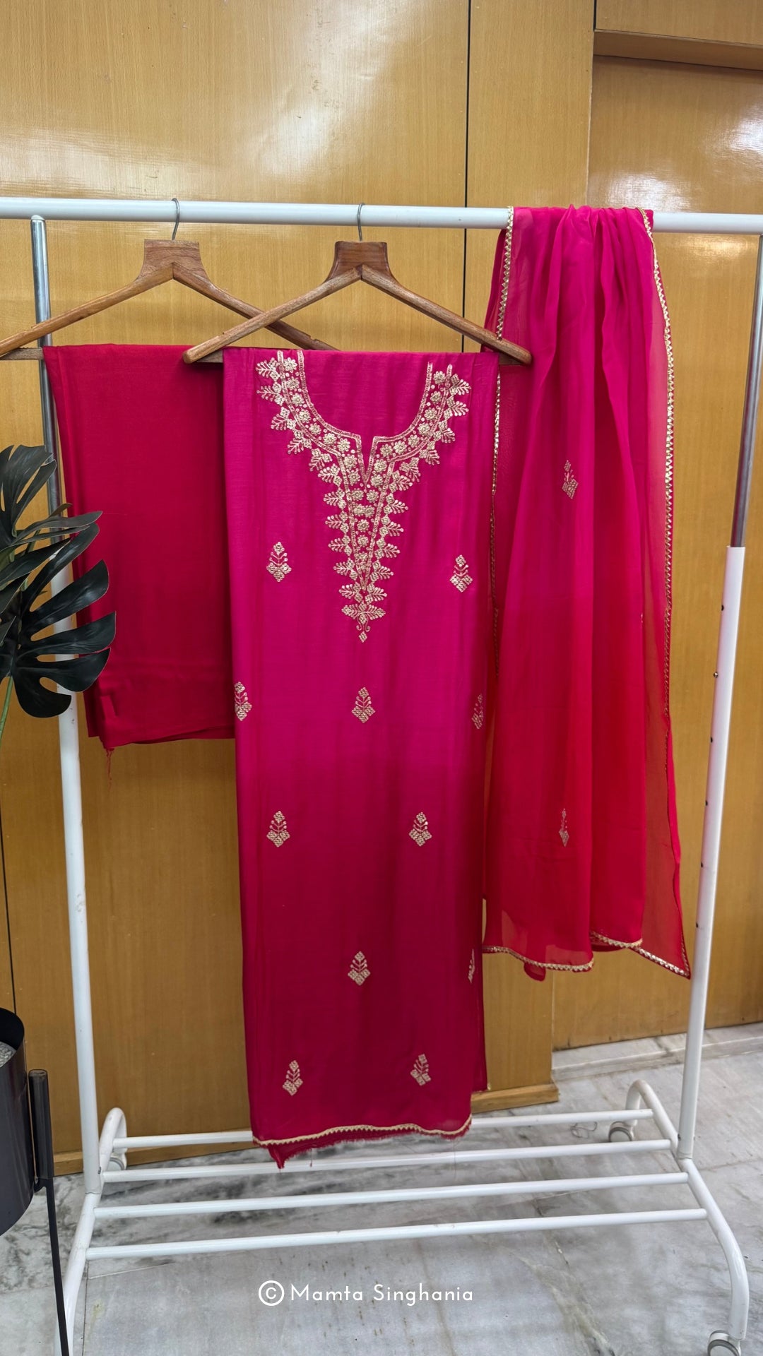Pink Red Shaded Pita Work Unstitched Suit Set