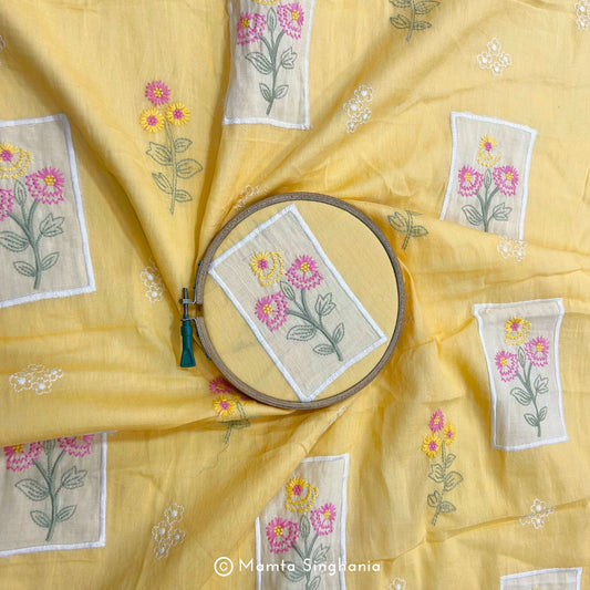 Mango Yellow Floral Embroidered Mul Chanderi Fabric