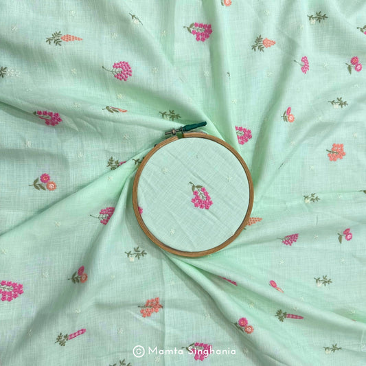 Light Green Floral Embroidered Linen Fabric