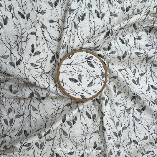 White Floral Printed Cotton Embroidered Fabric