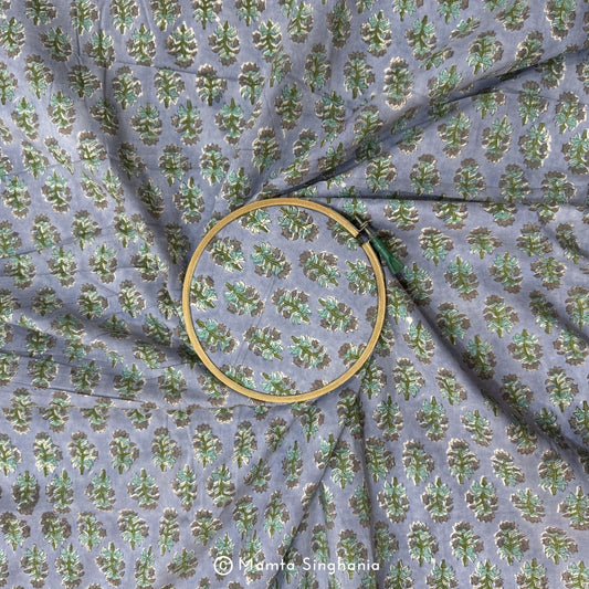 Light Grey Floral Hand-Block Printed Cotton Fabric