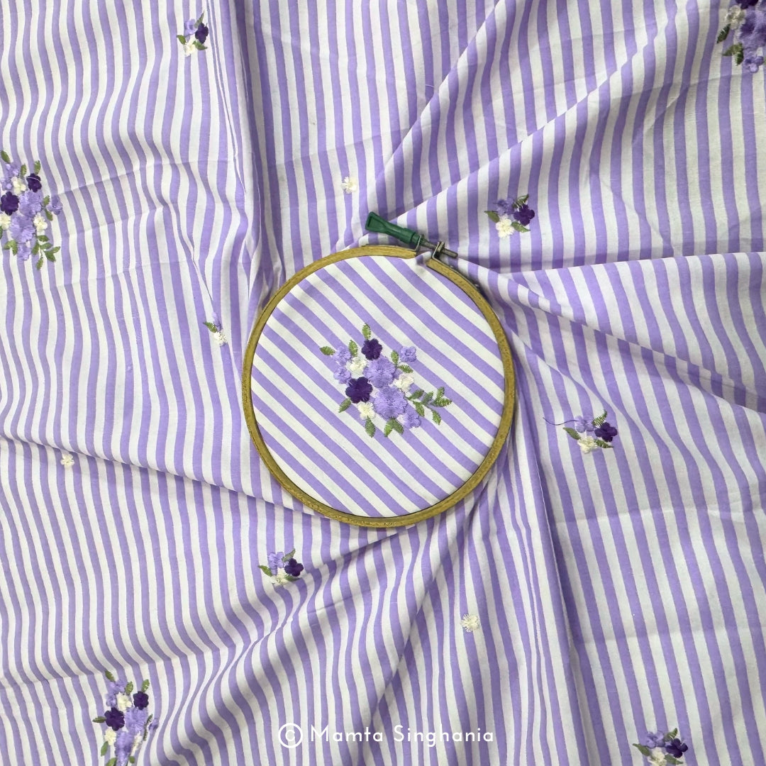 Light Pastel Purple Floral Embroidered Mul Cotton Fabric 56"