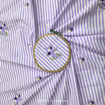 Light Pastel Purple Floral Embroidered Mul Cotton Fabric 56"