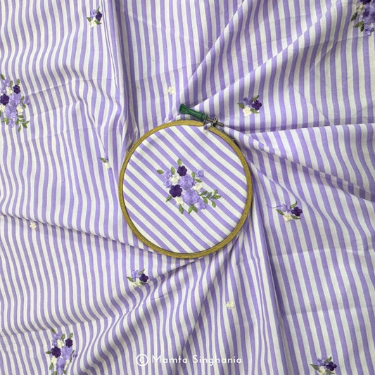 Light Pastel Purple Floral Embroidered Mul Cotton Fabric 56"
