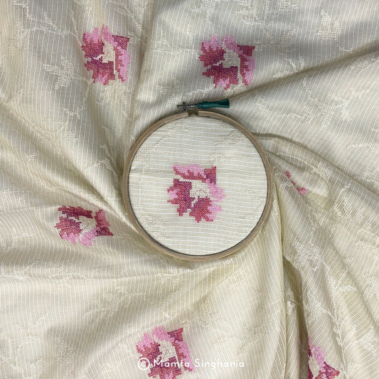 Lemon Yellow Floral Embroidered Kota Fabric