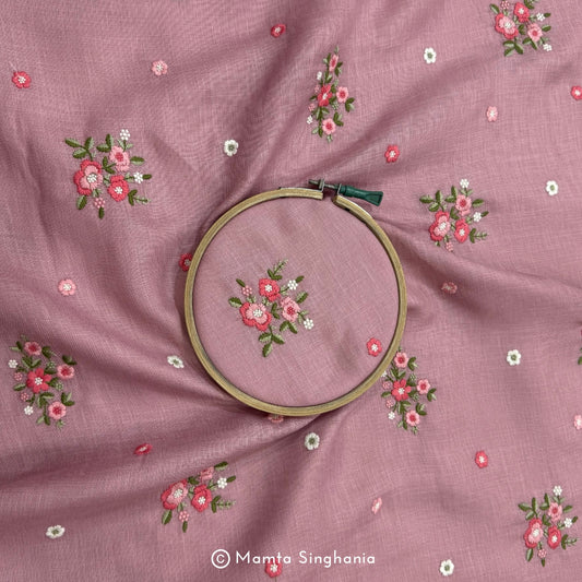 Mulberry Pink Floral Embroidered Linen Fabric