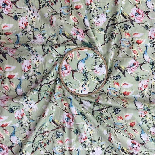 Green Floral Printed Cotton Fabric