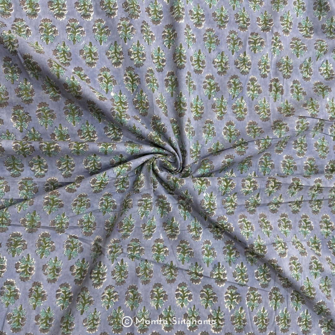 Light Grey Floral Hand-Block Printed Cotton Fabric
