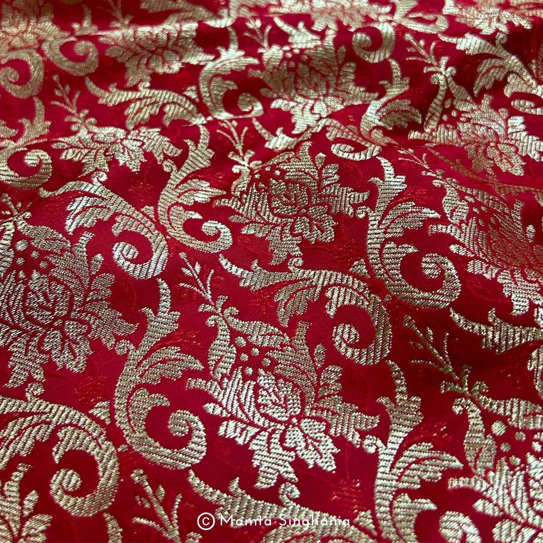 Red Floral Banarasi Brocade Katan Silk Fabric