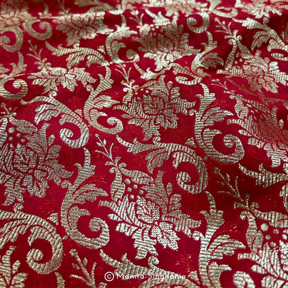 Red Floral Banarasi Brocade Katan Silk Fabric