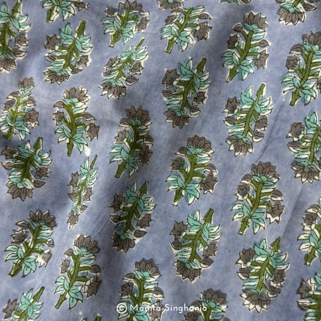 Light Grey Floral Hand-Block Printed Cotton Fabric