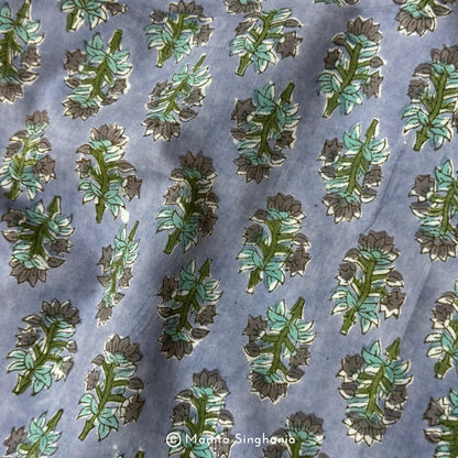 Light Grey Floral Hand-Block Printed Cotton Fabric