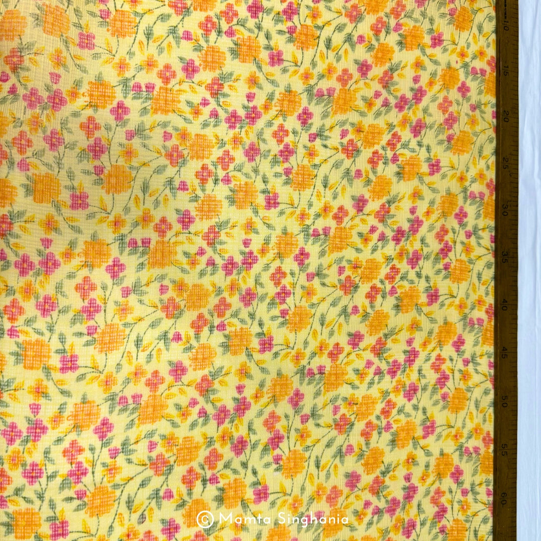Yellow Floral Printed Kota Doria Fabric