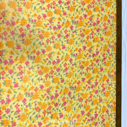 Yellow Floral Printed Kota Doria Fabric