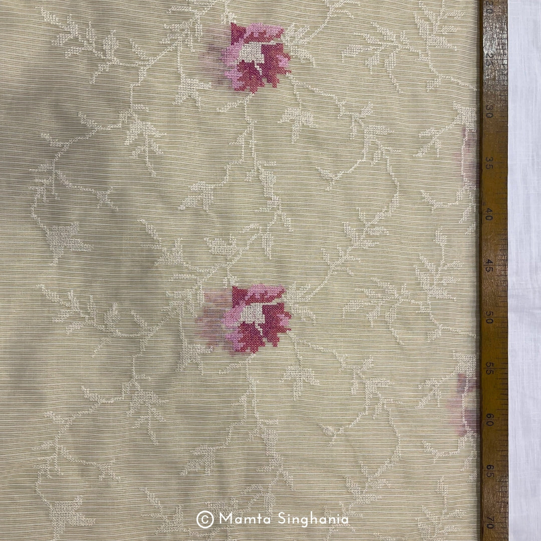 Lemon Yellow Floral Embroidered Kota Fabric