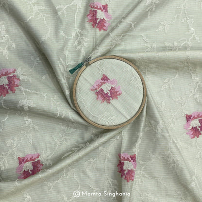 Light Sage Green Floral Embroidered Kota Fabric