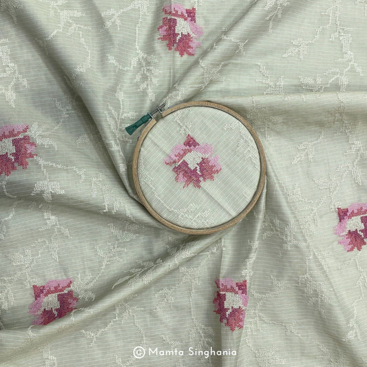 Light Sage Green Floral Embroidered Kota Fabric