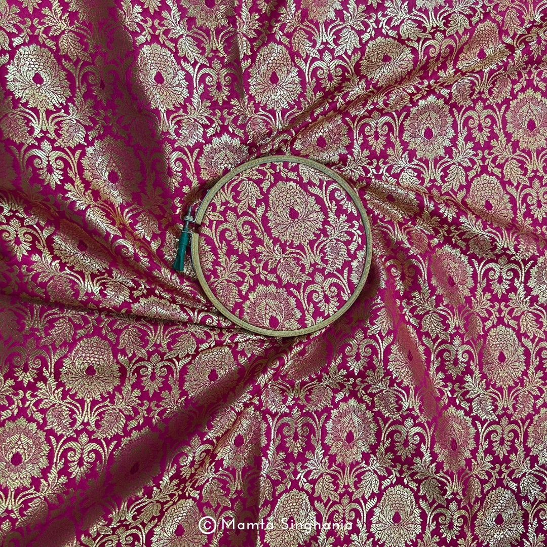 Hot Pink Floral Banarasi Brocade Katan Silk Fabric