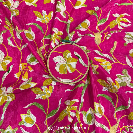 Hot Pink Floral Embroidered Silk Crepe Fabric