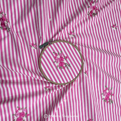 Pink Floral Embroidered Mul Cotton Fabric 56"