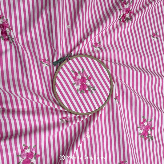 Pink Floral Embroidered Mul Cotton Fabric 56"