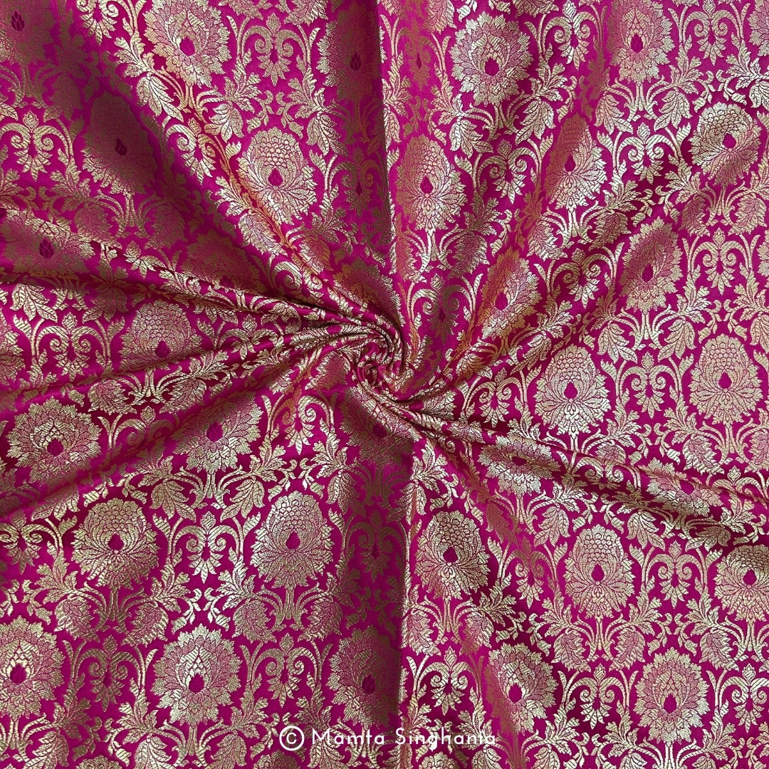 Hot Pink Floral Banarasi Brocade Katan Silk Fabric