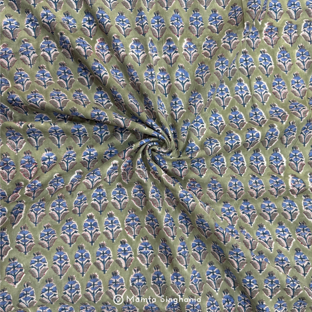 Light Green Floral Hand-Block Printed Cotton Fabric