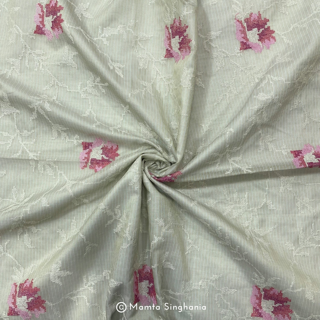 Light Sage Green Floral Embroidered Kota Fabric