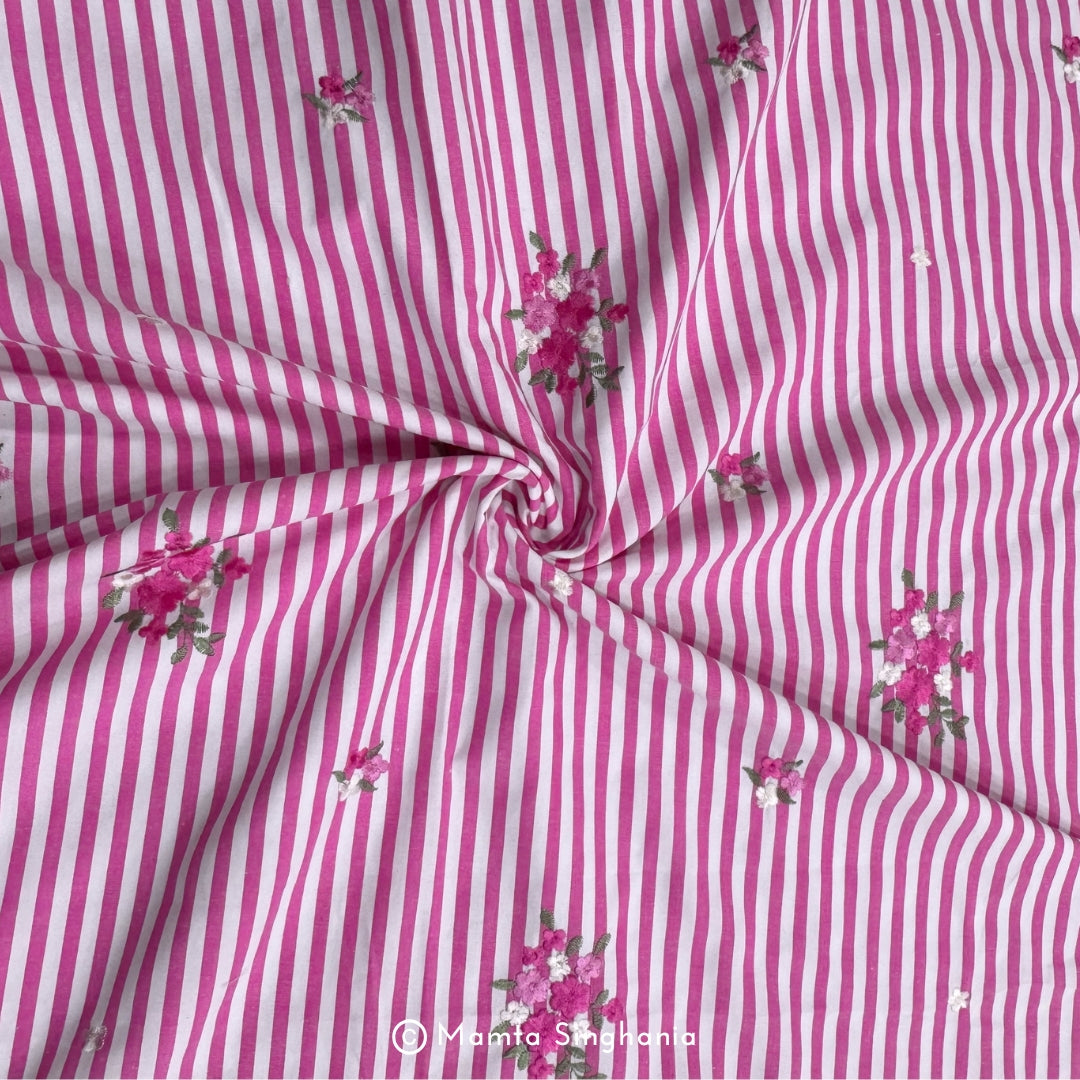 Pink Floral Embroidered Mul Cotton Fabric 56"
