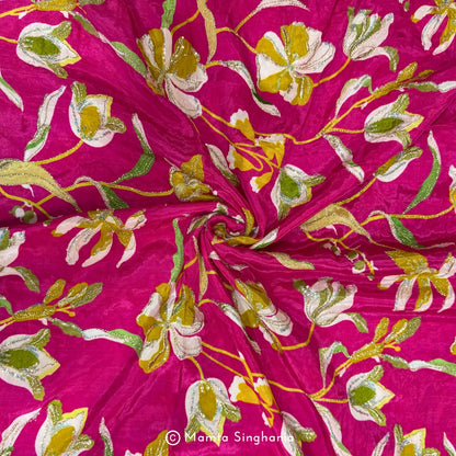 Hot Pink Floral Embroidered Silk Crepe Fabric