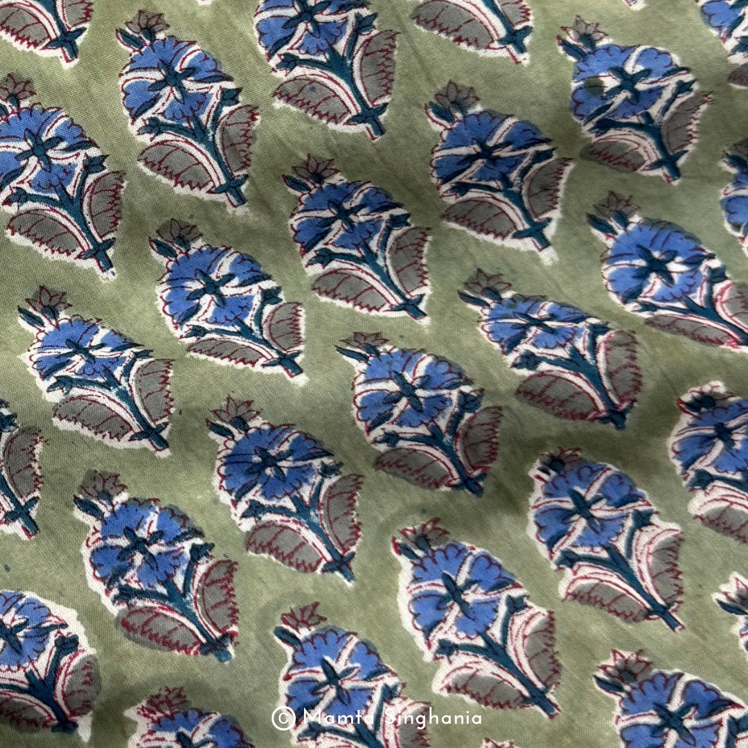 Light Green Floral Hand-Block Printed Cotton Fabric