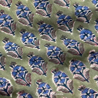 Light Green Floral Hand-Block Printed Cotton Fabric