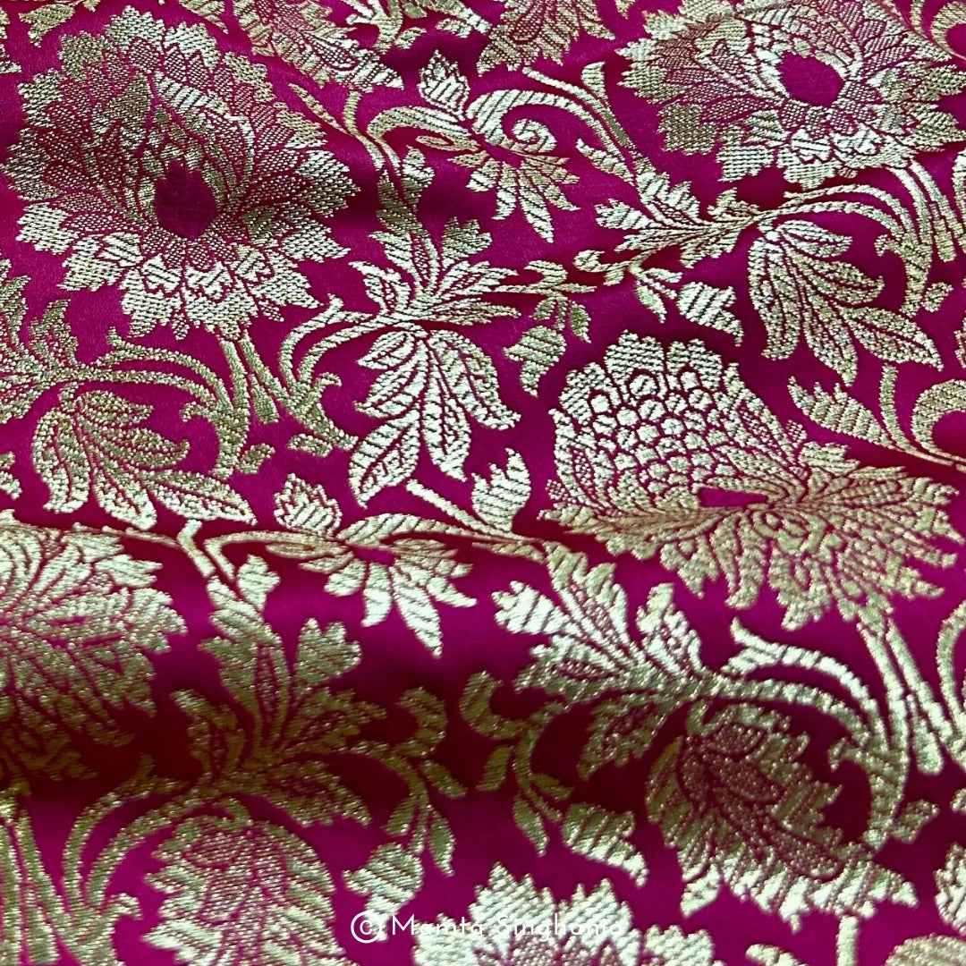Hot Pink Floral Banarasi Brocade Katan Silk Fabric