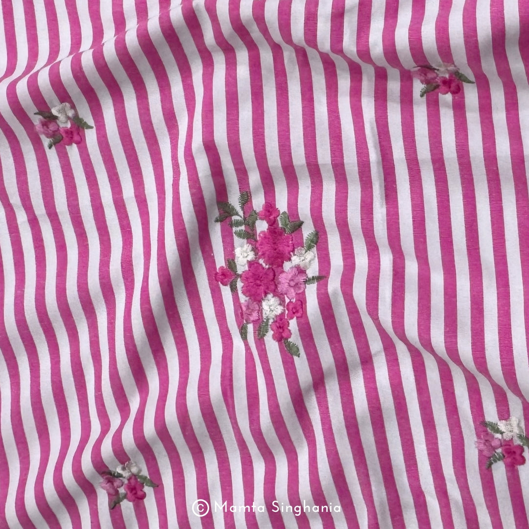Pink Floral Embroidered Mul Cotton Fabric 56"