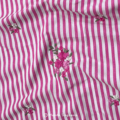 Pink Floral Embroidered Mul Cotton Fabric 56"