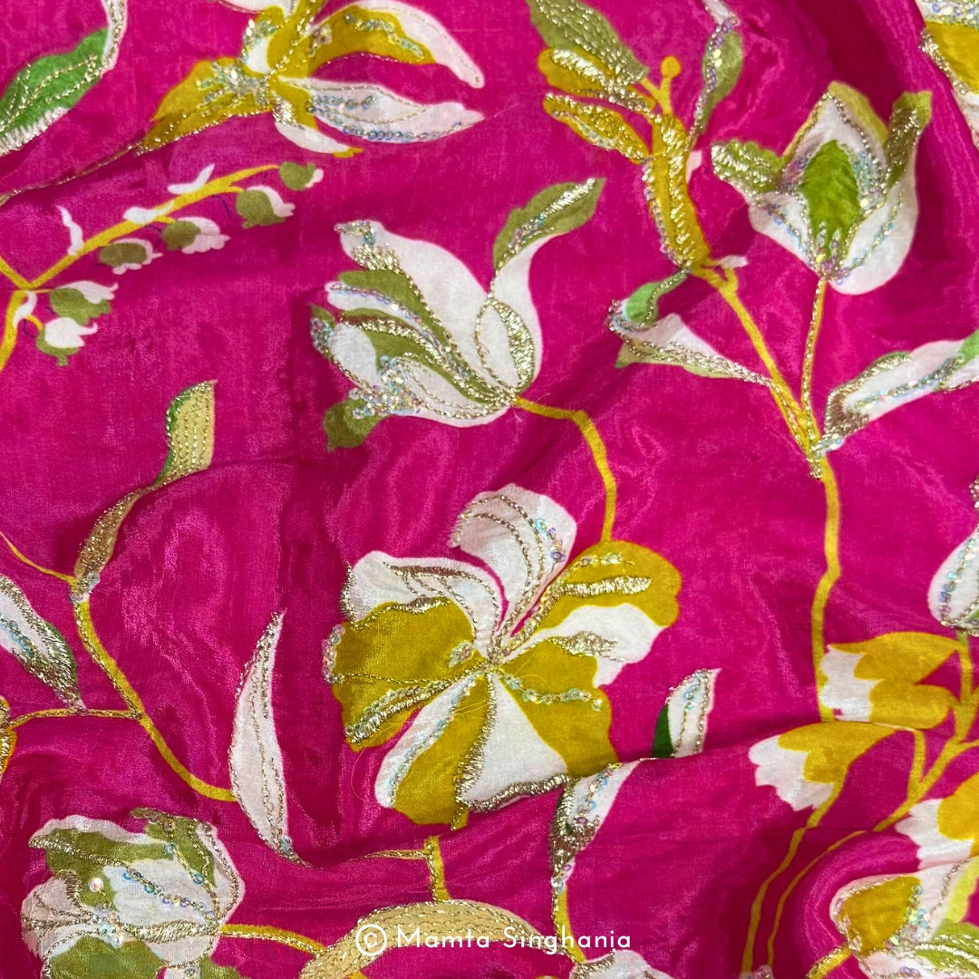 Hot Pink Floral Embroidered Silk Crepe Fabric