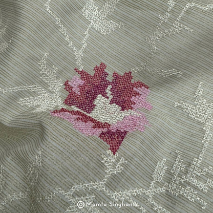 Light Sage Green Floral Embroidered Kota Fabric