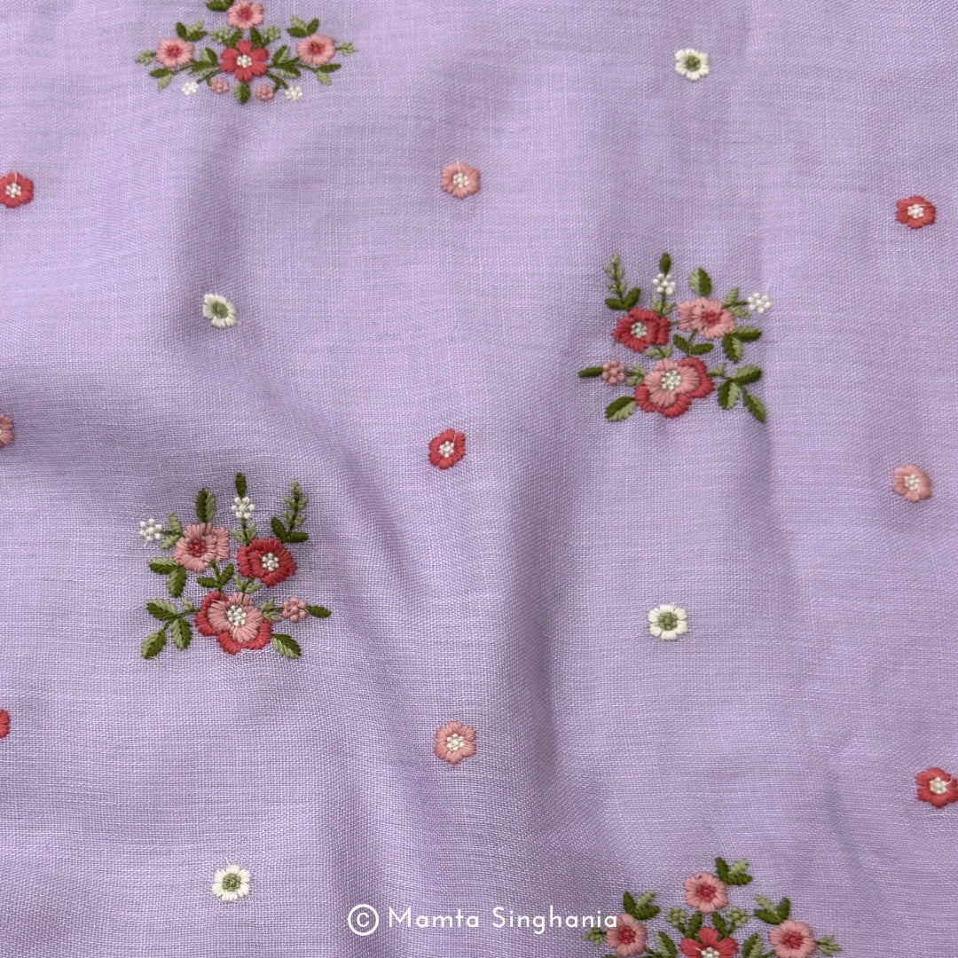 Lavender Floral Embroidered Linen Fabric