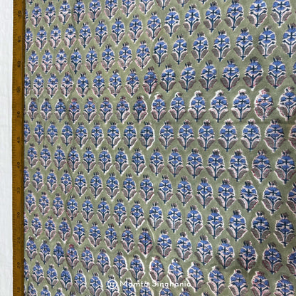 Light Green Floral Hand-Block Printed Cotton Fabric