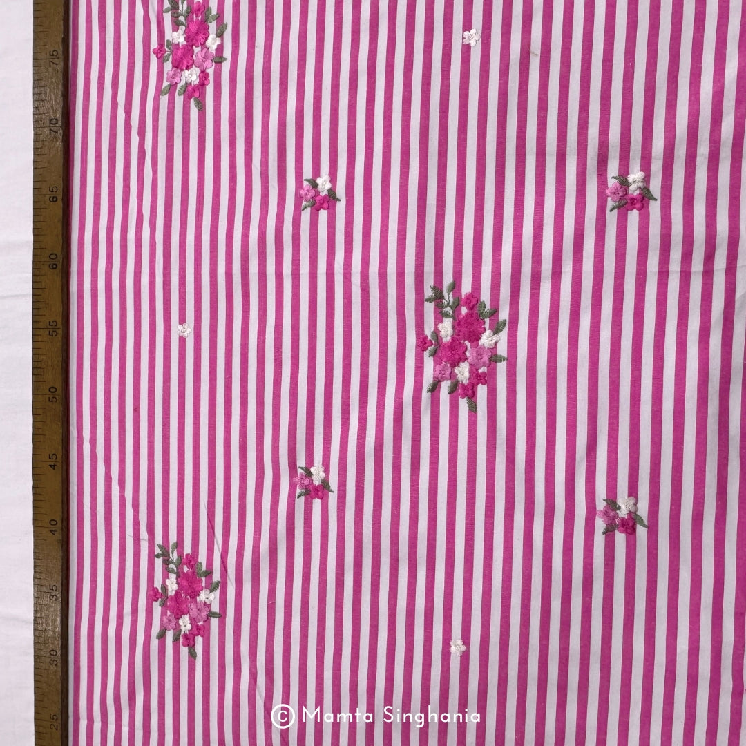 Pink Floral Embroidered Mul Cotton Fabric 56"
