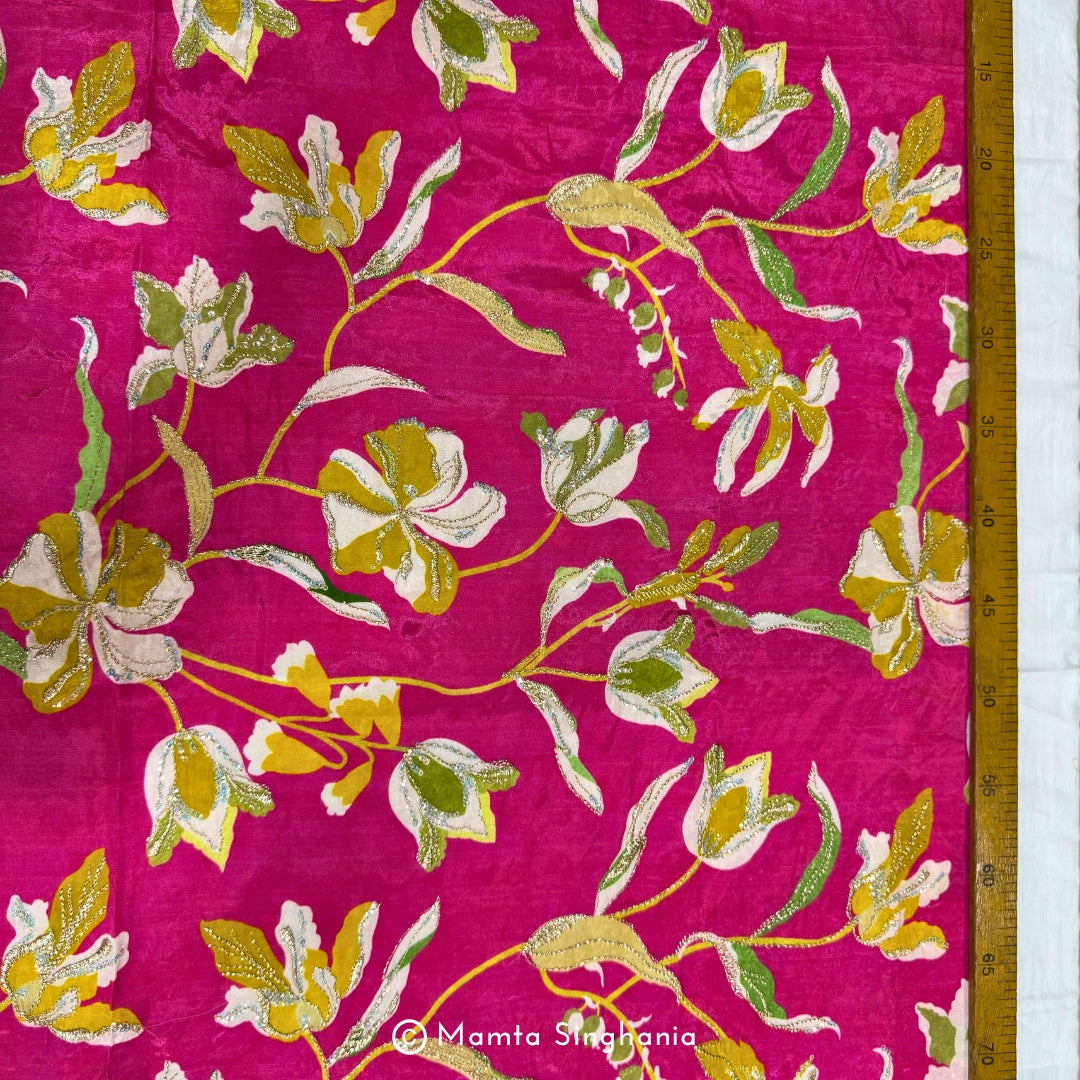 Hot Pink Floral Embroidered Silk Crepe Fabric