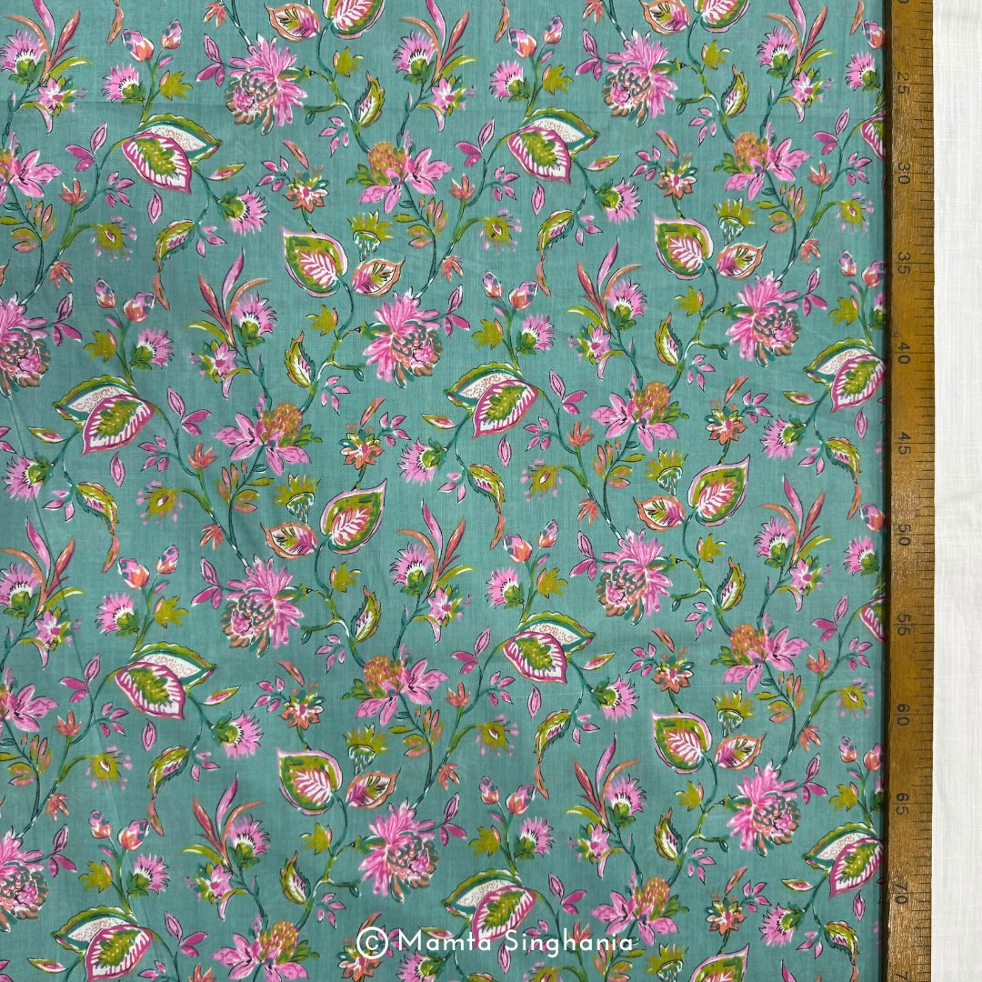 Turquoise Floral Printed Cotton Fabric