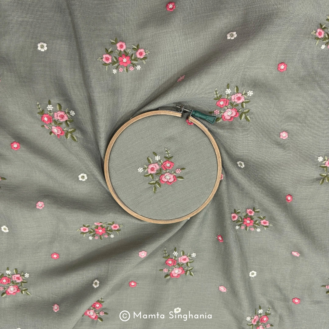 Khaki Green Floral Embroidered Linen Fabric