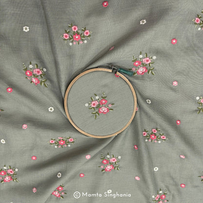 Khaki Green Floral Embroidered Linen Fabric
