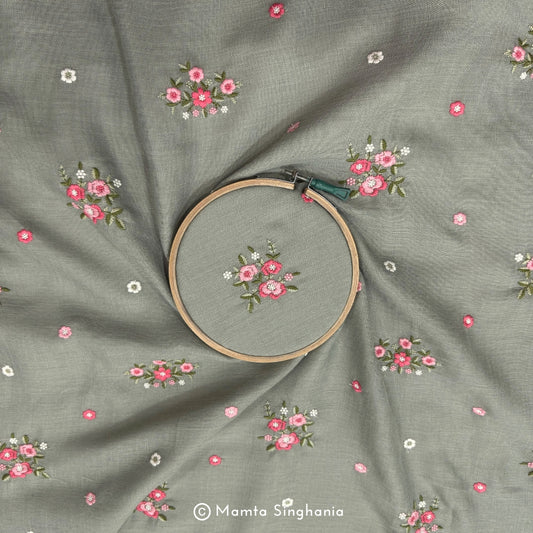 Khaki Green Floral Embroidered Linen Fabric