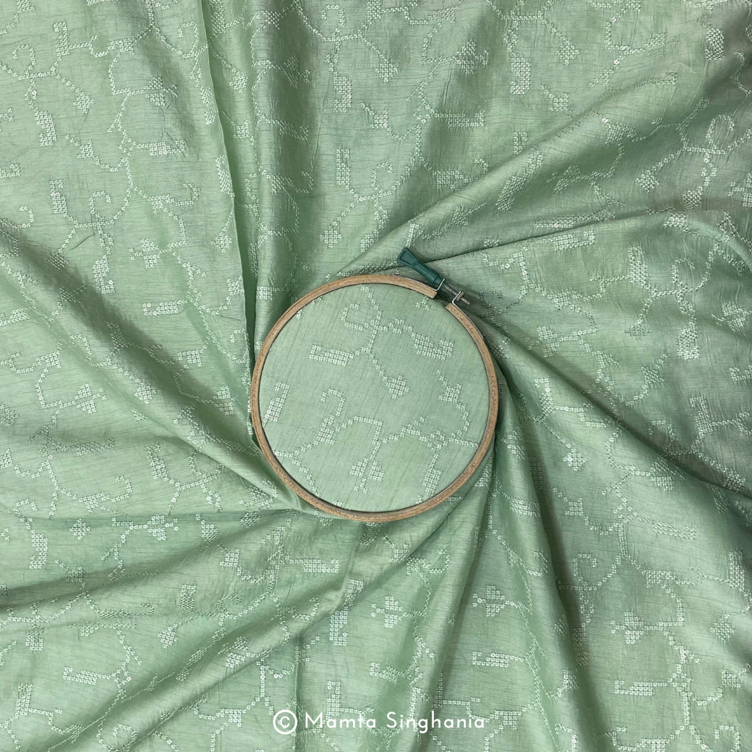 Light Green Embroidered Raw Silk Fabric