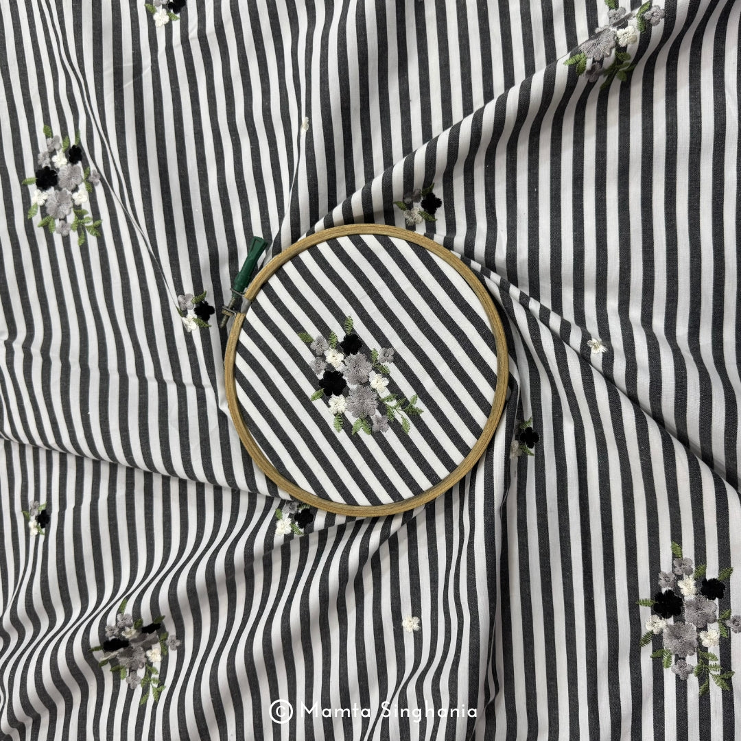 Black Floral Embroidered Mul Cotton Fabric 56"